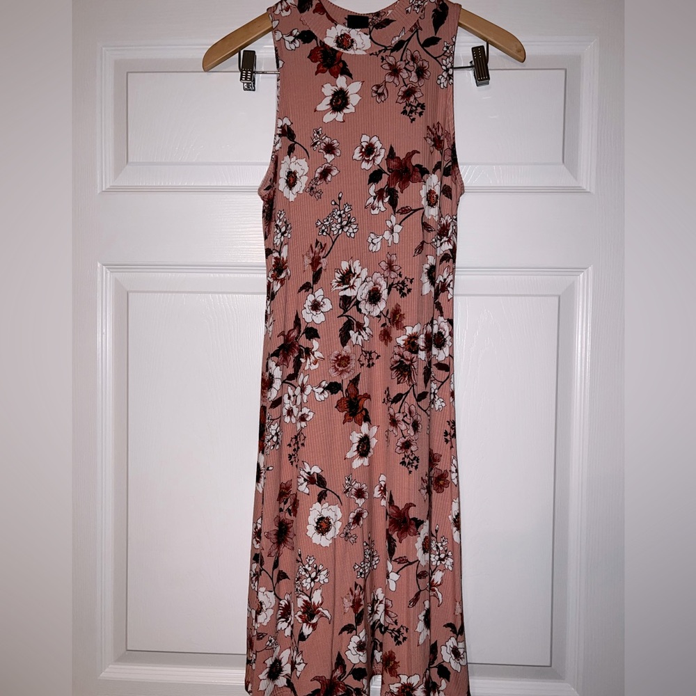 This dress is pink with white and burgundy flowers. It’s from Target.